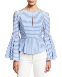 Milly Luna Striped Bell-Sleeve Peplum Blouse  Sky at Neiman Marcus